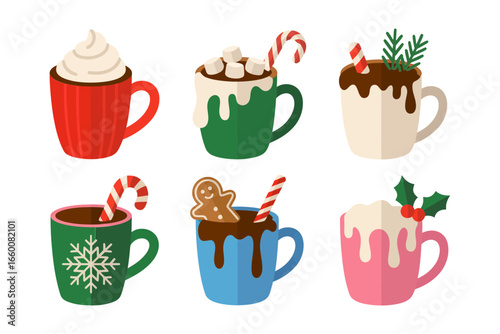 Christmas cocoa mugs collection vector, hot drinks, whipped cream, cookie stirrer, candy cane, warm beverage icons, winter illustration
