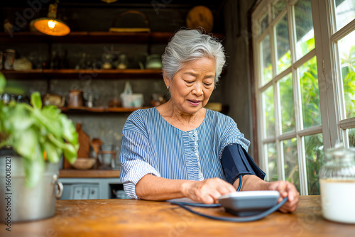 A woman is sitting at a table with a blood pressure monitor