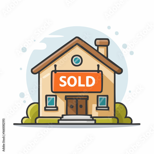 Sold House Illustration With Orange Banner