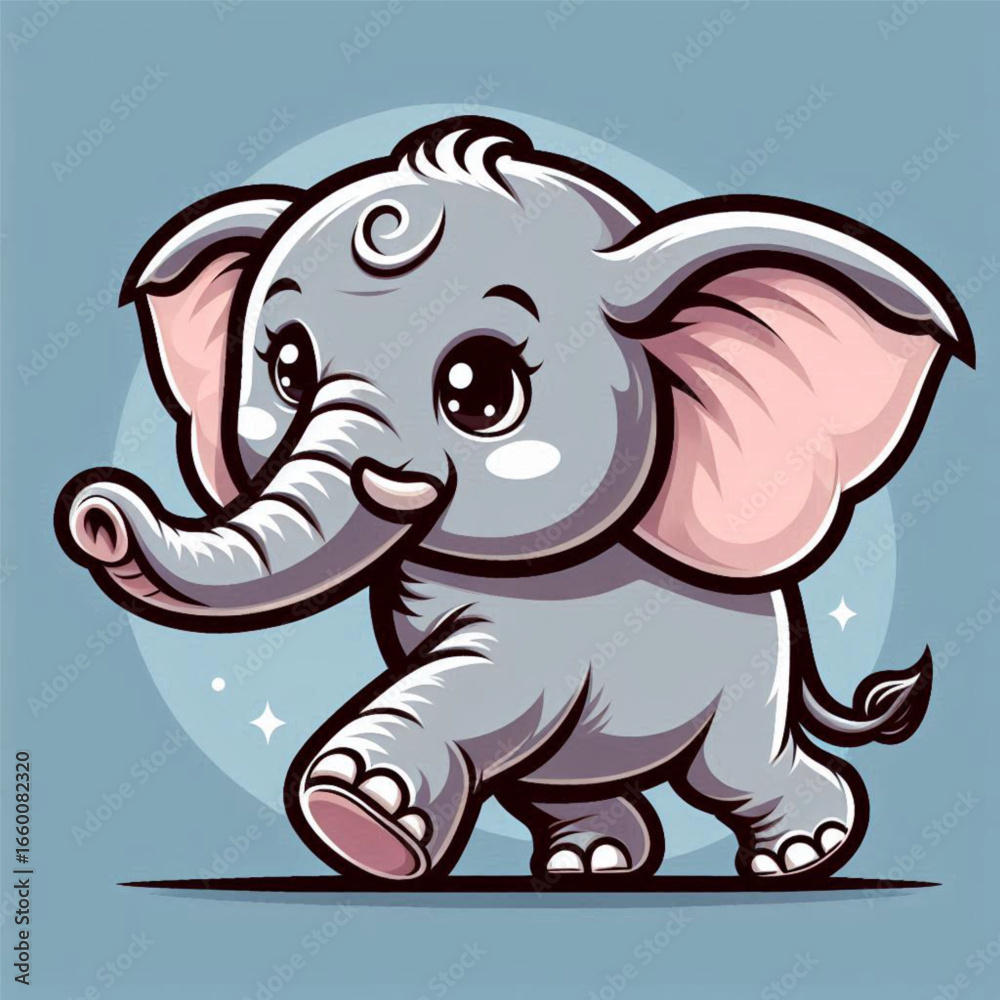 Fototapeta premium Cute cartoon elephant happily walking against a soft blue background with sparkles