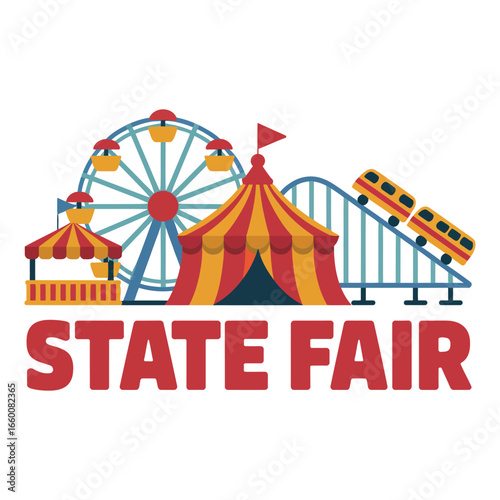 Colorful illustration of state fair with Ferris wheel, circus tent, roller coaster, and booth, symbolizing fun, entertainment, and celebration