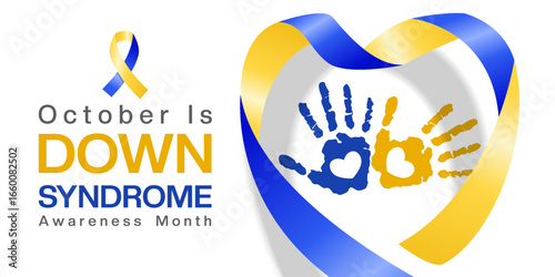 October is Down Syndrome Awareness Month. Ribbon shape heart and hand. Great for posters, banners and social media. White background.