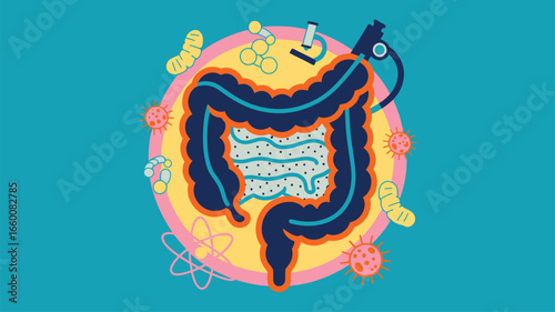 Stylized illustration of human intestines with microbiota and scientific icons, symbolizing gut health, microbiology, and digestive science