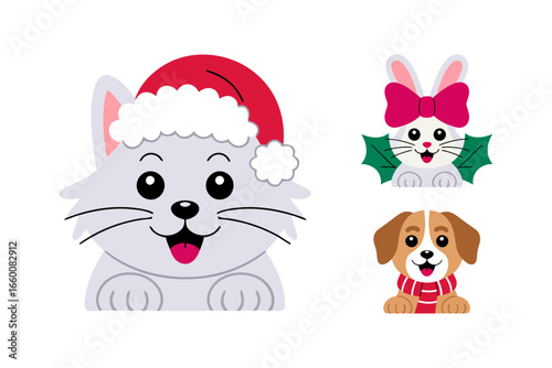 Cute pets Christmas portrait, kitty in Santa hat with dog and bow, winter holiday animals, adorable character set, festive vector illustration, greeting design