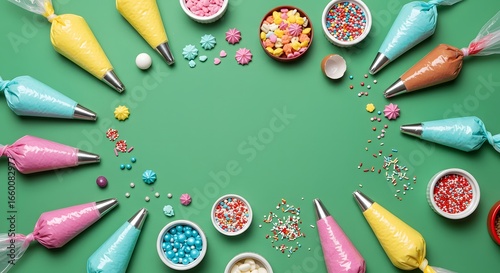 Vibrant cake decorating supplies arranged beautifully on green background for creative baking