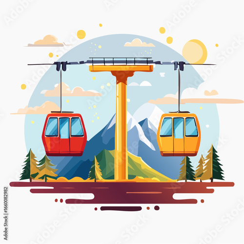 Colorful Mountain Cable Car Illustration