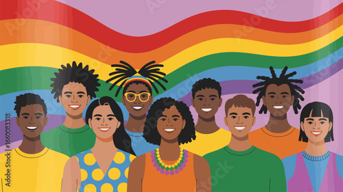 Illustration of diverse group standing in front of rainbow pride flag, symbolizing LGBTQ+ unity, inclusion, and celebration of identity