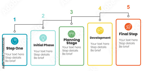 Modern colorful infographic with five sequential steps connected by lines. Perfect for business presentations, project planning, and workflow diagrams. Timeline infographic design. Project process