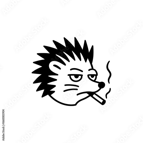 Black and white vector illustration of a hedgehog with a cigarette, expressing a nonchalant attitude. Features bold lines and a humorous concept, suitable for playful designs.
