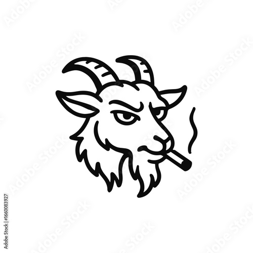 Black and white vector illustration of a goat with an attitude, depicted smoking a cigarette. The goat's expression suggests rebellion and confidence, perfect for unique designs and edgy projects.