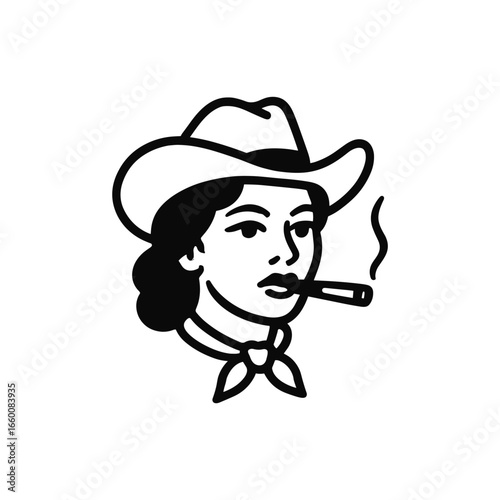 Black and white vector illustration of a woman wearing a cowboy hat and smoking a cigar. The simplistic and bold design captures a blend of ruggedness and sophistication, emphasizing Western charm.