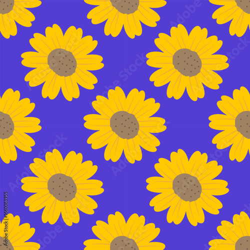 seamless pattern with sunflowers on blue background 