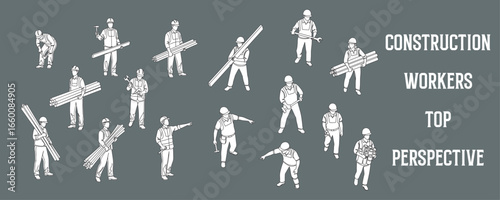 Architectural Drawings construction workers in various poses, viewed from a top-down perspective vector illustration, top view, human person Minimal style hand drawn. Sections, Elevations, Floor Plans