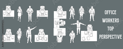 Architectural Drawings office workers in various poses, viewed from a top-down perspective vector illustration, top view, human person Minimal style hand drawn. Sections, Elevations, Floor Plans