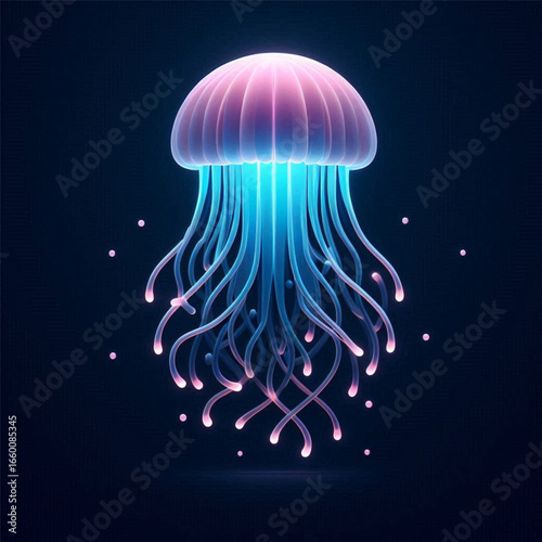 Ethereal jellyfish glowing in dark waters, surrounded by bioluminescent particles, creating a serene underwater scene