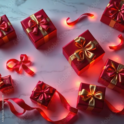 Colorful wrapped gifts with ribbons arranged on a marble surface during a festive celebration