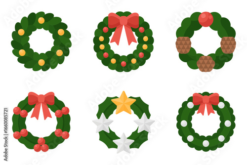 Wreaths assortment grid, ribbon bows and pine, classic Christmas greenery, seasonal decoration icons, vector clipart set