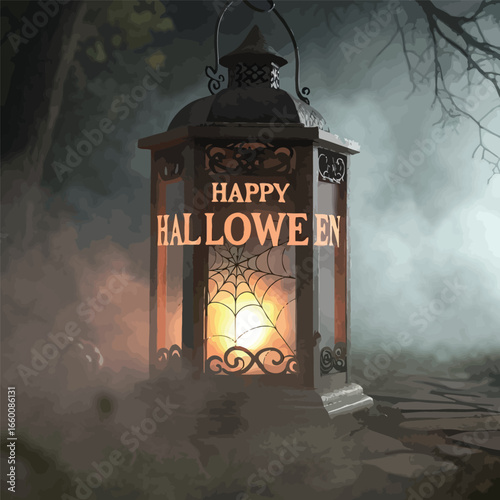 Spooky lantern light with Happy Halloween text inside frame
