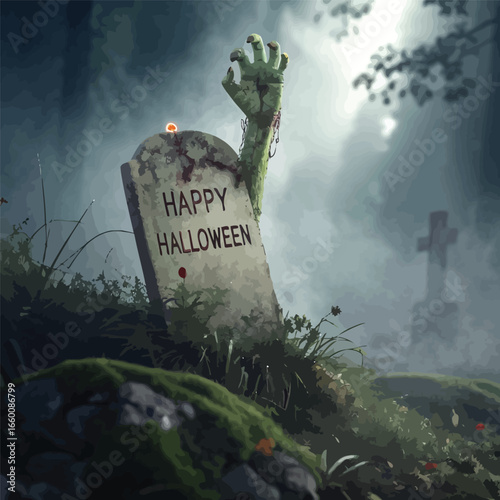 Zombie hand coming out of grave holding Happy Halloween sign