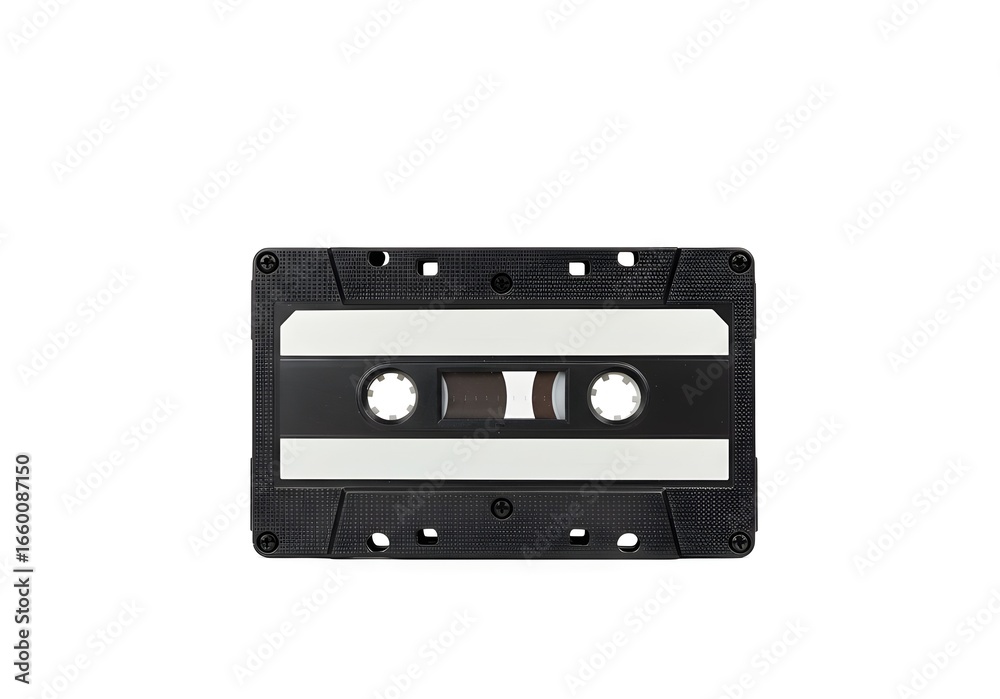 Fototapeta premium Vintage Black Audio Cassette with Transparent Window – Classic Analog Music Media Isolated on White