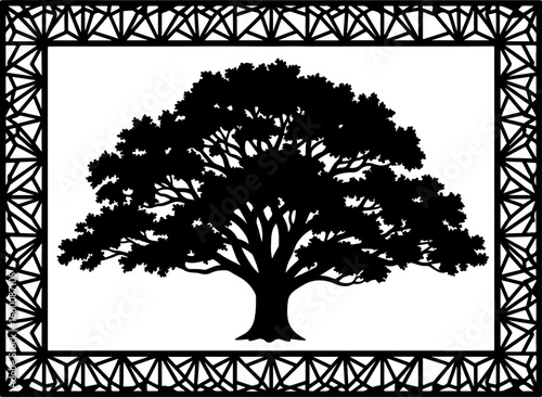 A bold silhouette of a large mature tree with spreading canopy, in horizontal rectangular frame with interwoven geometric pattern, emphasizing stability and grandeur.