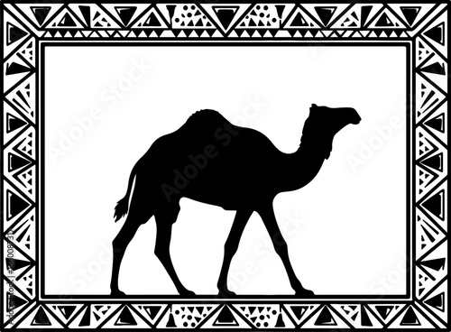 A simple black silhouette of a camel walking in profile, in rectangular frame with decorative tribal triangle pattern, emphasizing endurance and desert life.