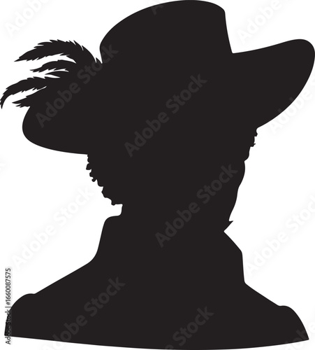 A black silhouette of a person wearing 1800s caribbean fashion man large hat adorned with a feather, their face obscured, suggesting a historical or theatrical figure.