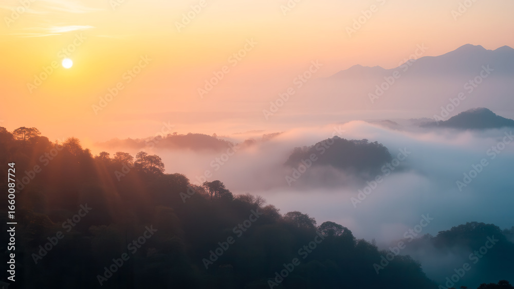 Fototapeta premium Stunning Sunrise Over Misty Mountain Landscape with Soft Clouds and Vibrant Sky Colors