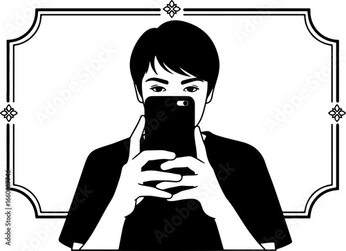A selfie-taker silhouette with smartphone, enclosed by an ornate rectangular frame embellished with floral detailing.