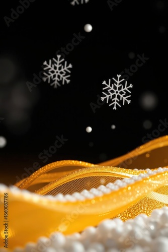 Winter decoration with flowing golden fabric and snowflakes against a dark background creating a festive atmosphere