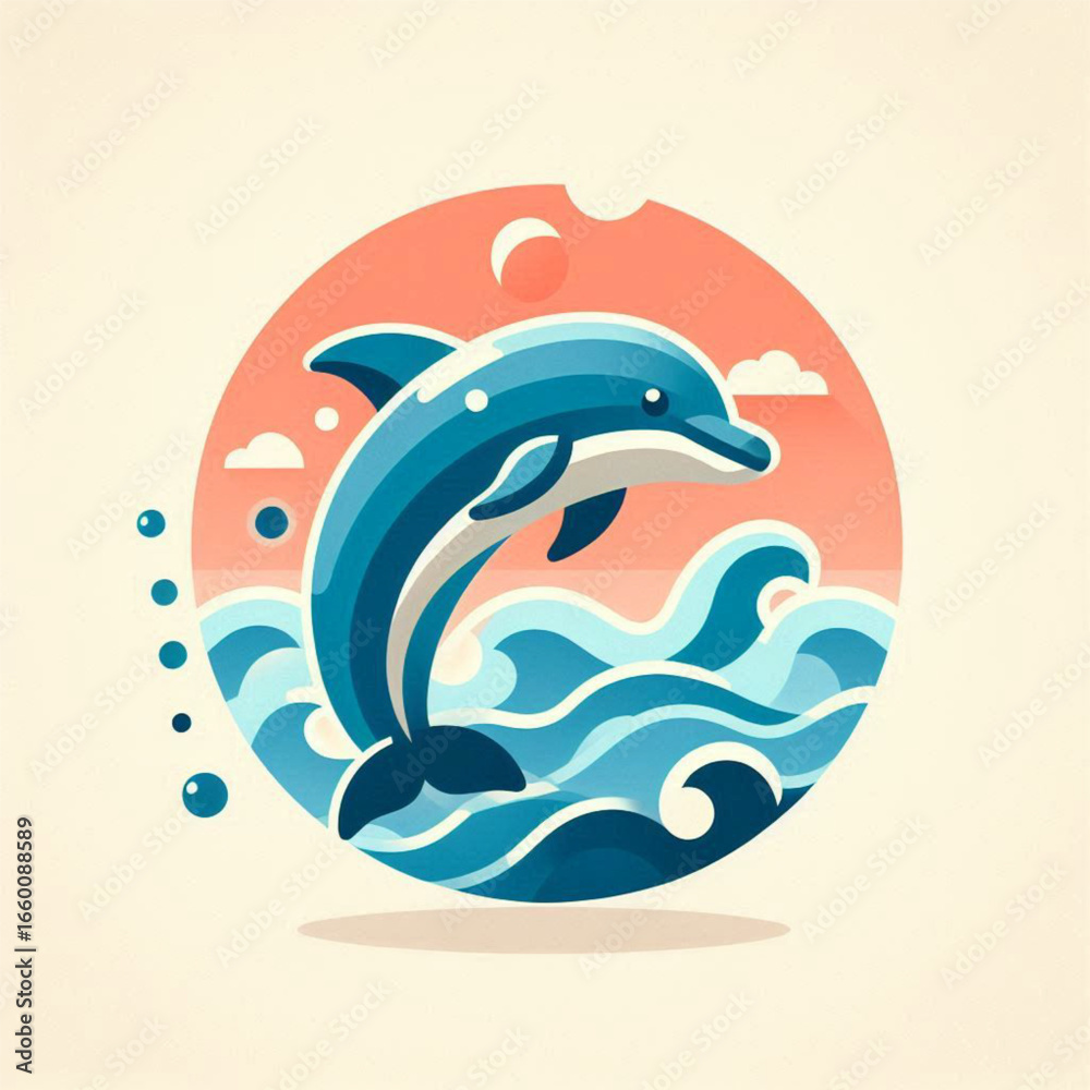 Fototapeta premium Playful dolphin leaping through stylized waves under a colorful sunset sky