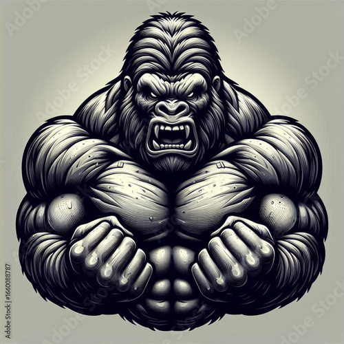 Powerful gorilla illustration showcasing muscular physique with intense expression, emphasizing strength