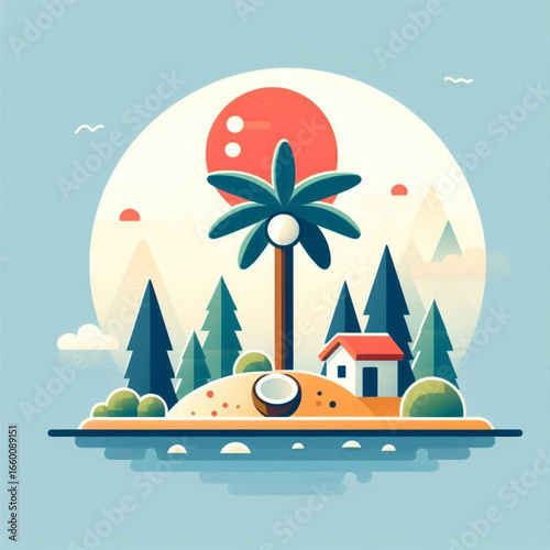 Serene tropical island scene with a palm tree, house, and vibrant sunset over calm waters