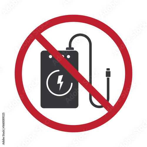 Isolated prohibition sign of powerbank usage, restriction on large capacity power bank, safety regulation for flights, public spaces, and restricted areas.