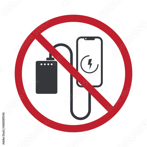Isolated prohibition sign of powerbank usage, restriction on large capacity power bank, safety regulation for flights, public spaces, and restricted areas.