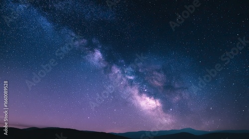 Beautiful cloudless night sky with stars and soft blue-purple gradient, captured in panorama with wide angle and long exposure at sunset, boasting high resolution and a peaceful atmosphere.