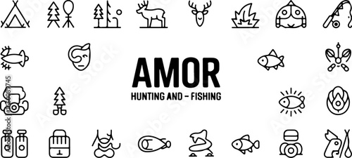 A collection of hunting and fishing icons featuring camping gear and wild animals in black and white style