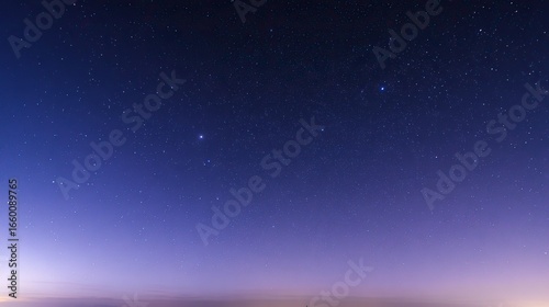 Beautiful cloudless night sky with stars and soft blue-purple gradient, captured in panorama with wide angle and long exposure at sunset, boasting high resolution and a peaceful atmosphere.