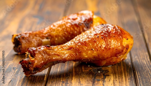 Delicious roasted chicken drumsticks recipe on wooden table food photography