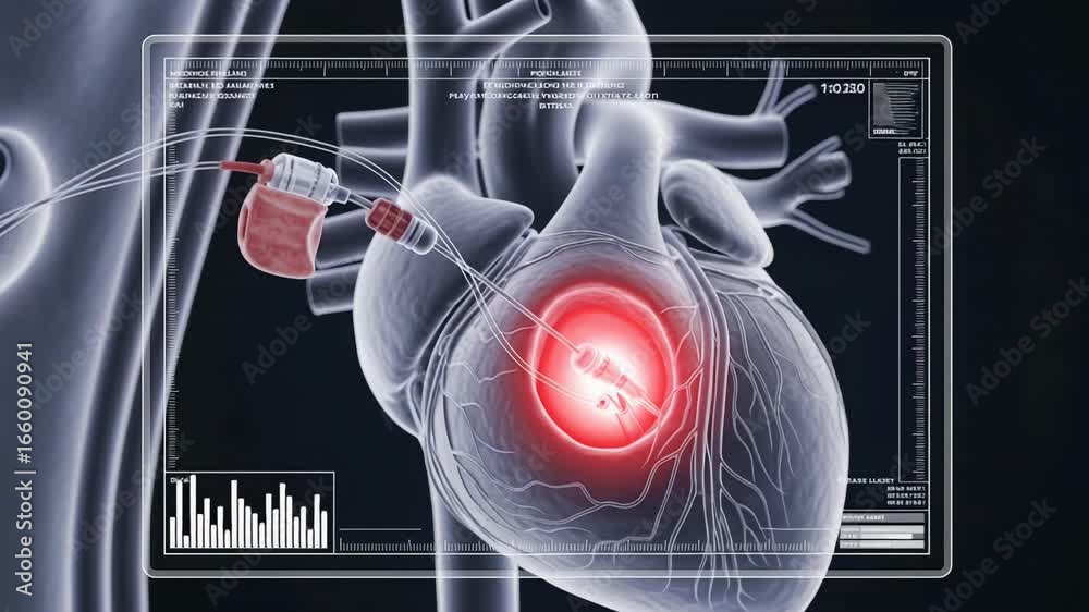 Inserting Pacemaker Pulsating heart with holographic display shows insertion of pacemaker ...