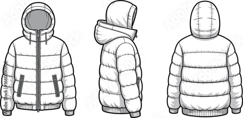 Hooded puffer jacket CAD drawing, fashion technical flat sketch, down winter coat vector illustration, front side back view template