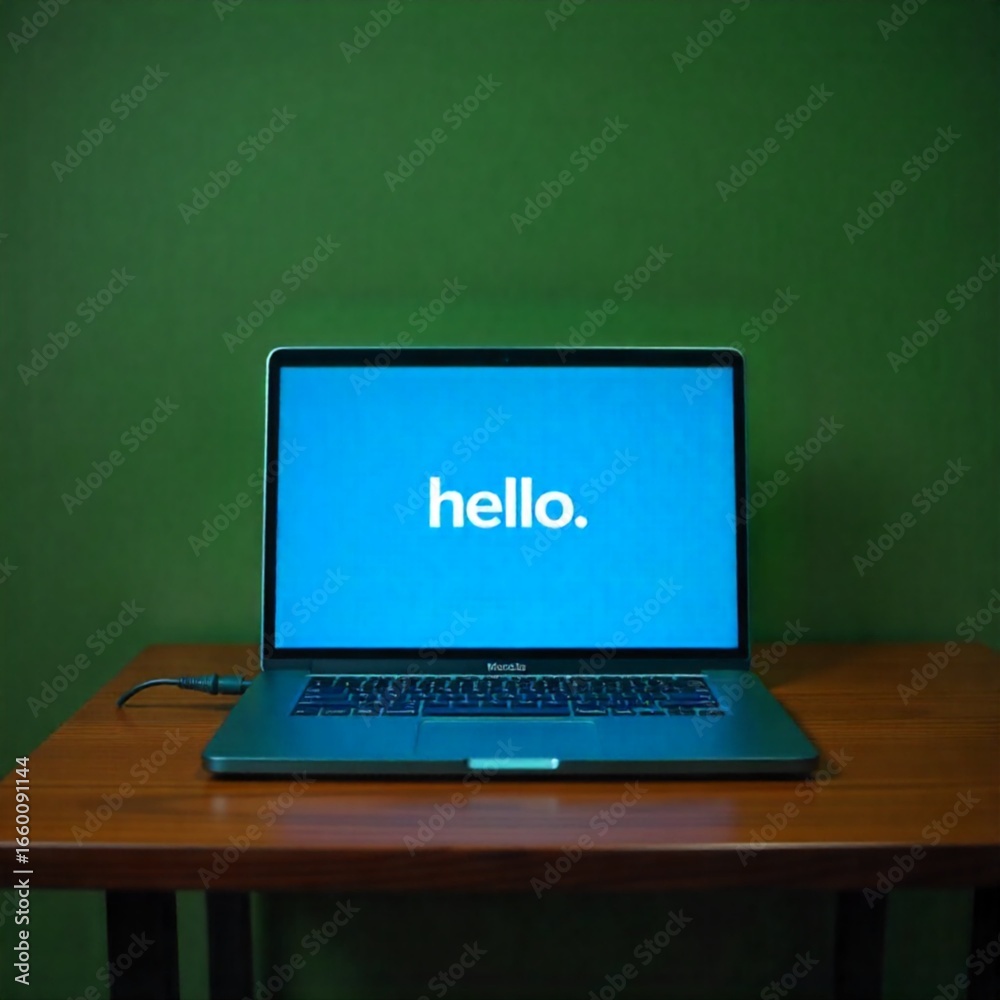 Fototapeta premium Laptop on wooden table with blue hello text screen.