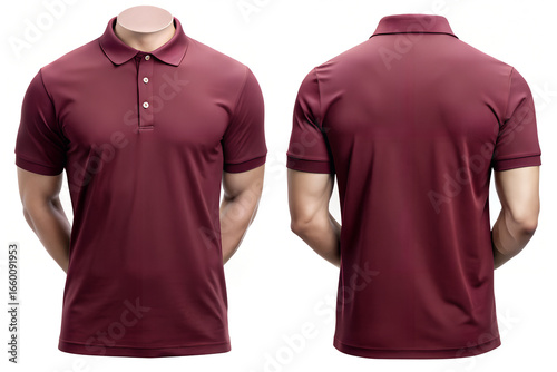 
Polo-style maroon T-shirt mockup front and back with collar detail