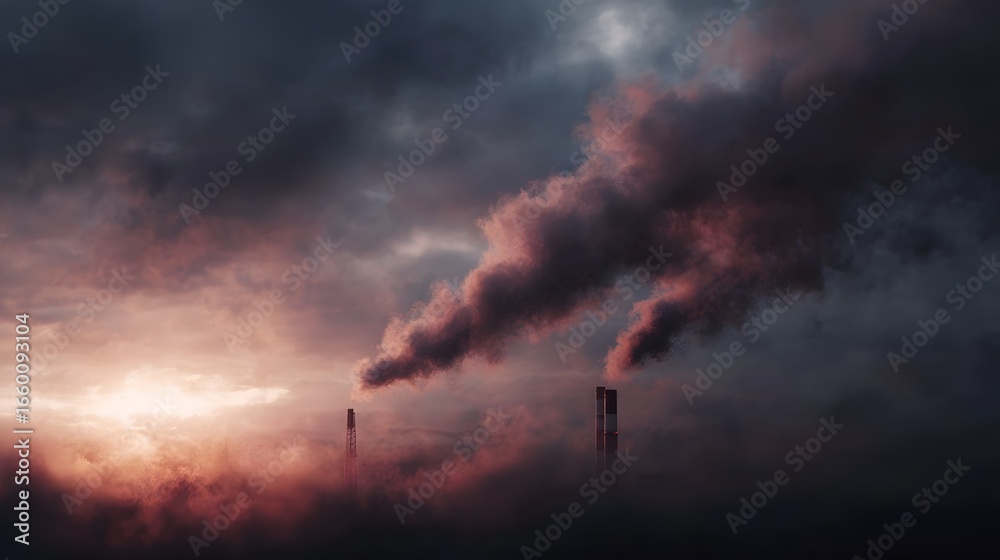 Fototapeta premium Towering industrial chimneys belching smoke into the gloomy sky
