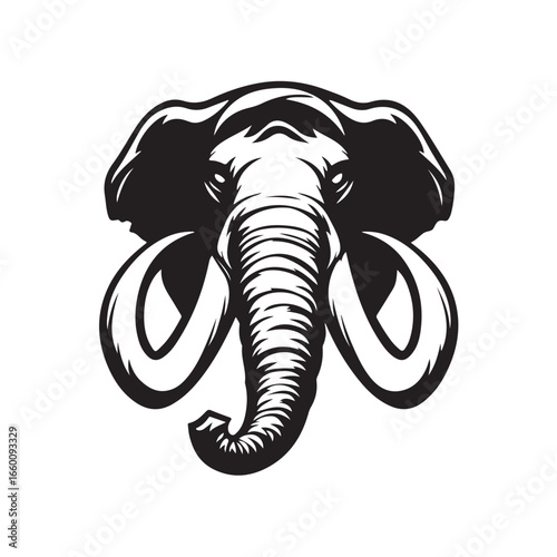 Vector illustration of a woolly mammoth head with large curved tusks and shaggy fur