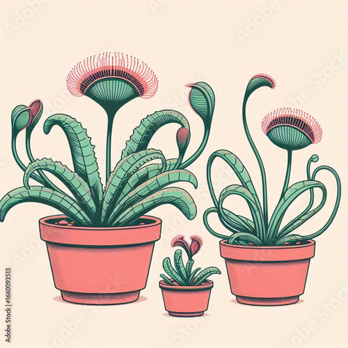 Three vibrant potted carnivorous plants showcasing unique shapes and colors against a soft background