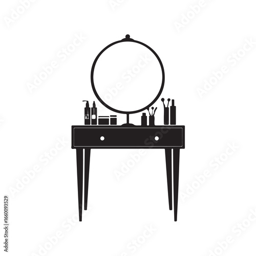 Vector illustration of a stylish dressing table with mirror and beauty accessories. Perfect for interior design, furniture catalogs, bedroom decor themes, and cosmetic or fashion-related projects