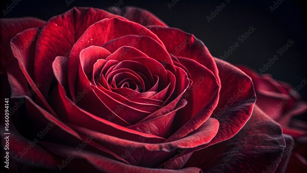 Naklejka premium Intricate Dark Red Rose Petals Unfurling in Dramatic Lighting