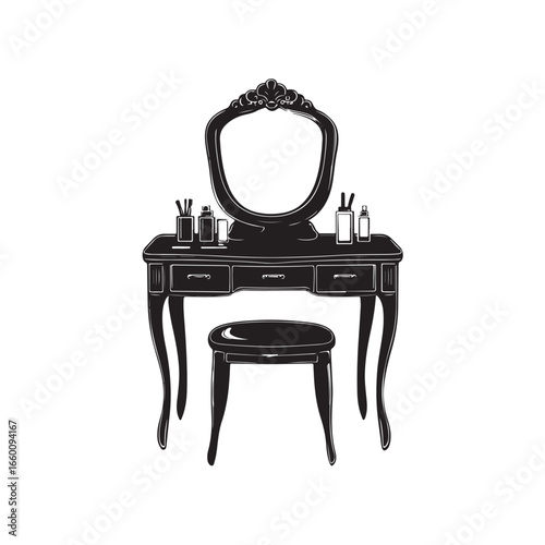 Vector illustration of a dressing table with mirror and drawers, featuring a clean and elegant design