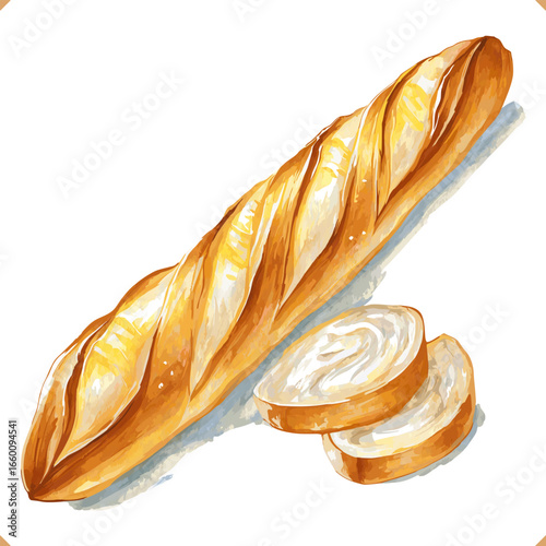 Vector illustration of a white french bread on white background, loaf and slices. Vector illustration of delicious bakery on white background